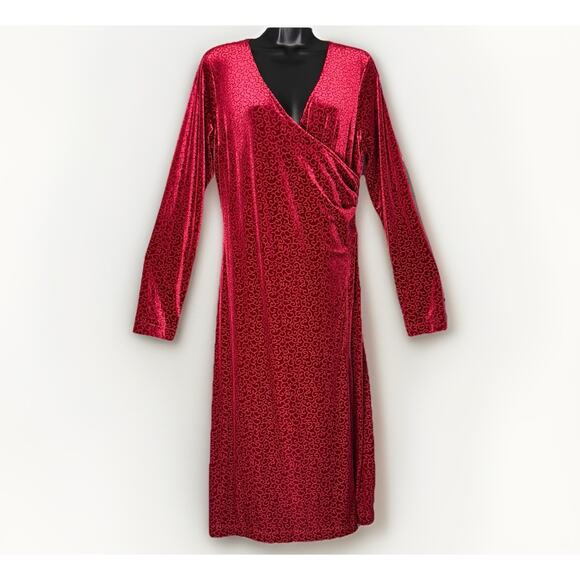 Burgundy Red MD Velvet Burnout Swirl V Neck Sleeved Wrap Dress Holiday Romance - Picture 1 of 6